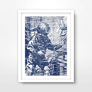 Blue Diver Diving Helmet NAUTICAL ART PRINT Seaside Illustration Picture Wall Sea Ocean Bathroom Home Decor Interior Design A4 A3 A2