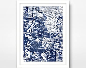 Blue Diver Helmet Art Print, Nautical Seaside Illustration