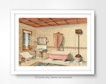 Victorian Bathroom Art Print, Vintage Bath Scene Poster