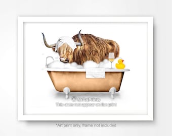 Konsttryck för badrum i Highland Cow: Rolig djurbadposter