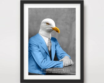 SEAGULL Portrait ART PRINT Animal dressed as Person People Quirky Wall  Picture Head with Human Body in Clothes Funny Vintage Unusual Poster