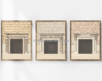 Vintage Fireplace Art Print Set of 3, Victorian Architectural Sepia Illustrations