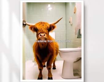 Funny Highland Cow Bathroom Art Print: Quirky Animal Poster