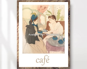 Vintage Franse caféprint, pastelkleurige koffieschildering, keukenkunst