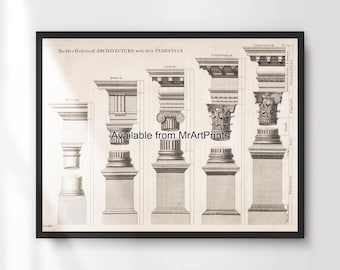 May include: A vintage illustration of the five orders of architecture with their pedestals. The illustration shows the Tuscan, Doric, Ionic, Corinthian, and Composite orders. The illustration is in black and white and has a detailed, intricate style.