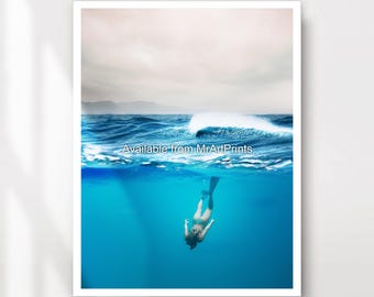 Underwater Diver Art Print, Ocean Wall Decor