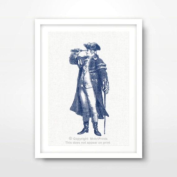 Blue Ship Sailor Captain Telescope NAUTICAL ART PRINT Seaside