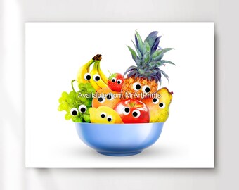Kitchen Cute Fruit Bowl Art Googly Eyes Wall Picture Print Poster