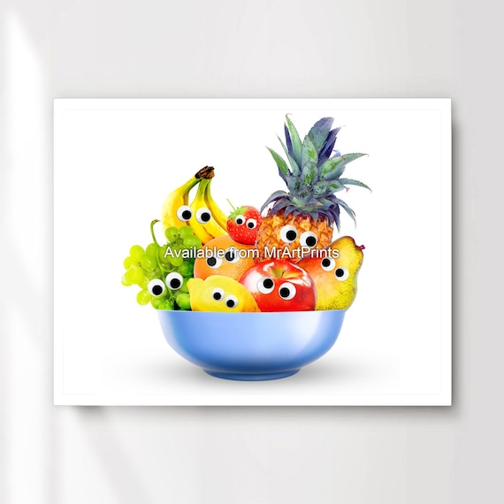 Kitchen Cute Fruit Bowl Art Googly Eyes Wall Picture Print Poster