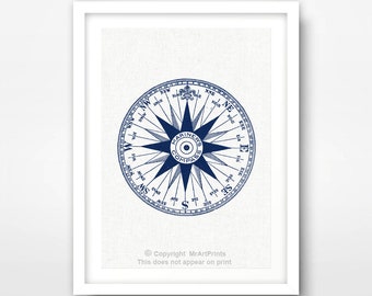 Lámina artística de brújula náutica azul, decoración para el hogar junto al mar.