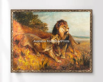 Leeuw en leeuwin schilderij kunstprint, woondecoratie wilde dieren