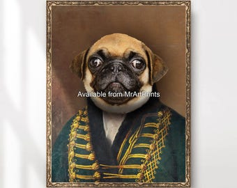 Lámina artística con retrato divertido de un perro pug, decoración de pared con humor para mascotas.
