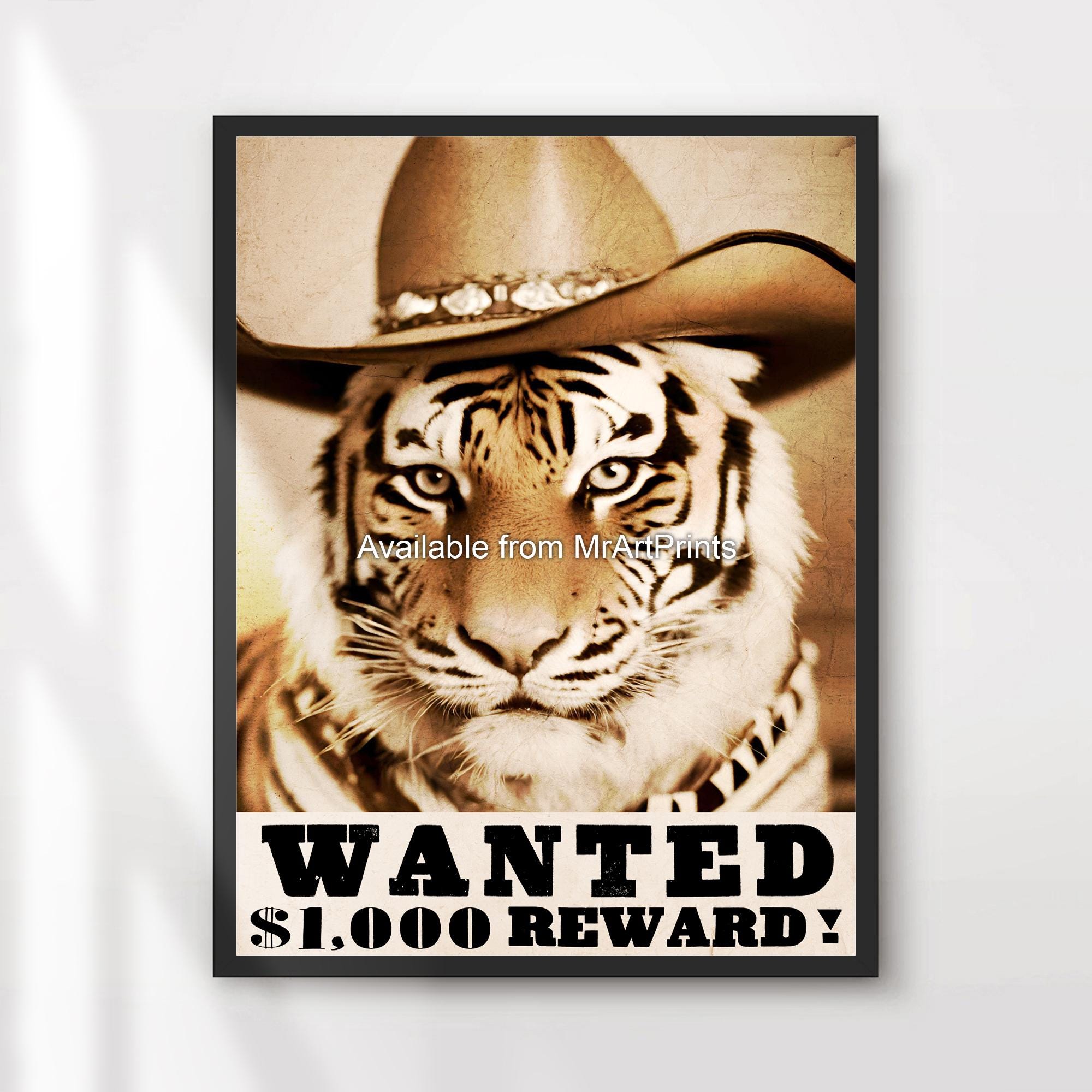 Cowboy Tiger Wanted Poster Funny Animal Portrait Wild West Art