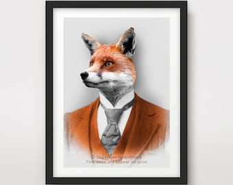 FOX Portrait ART PRINT Animal vestido como una persona Personas Peculiar Imagen de pared Cabeza con cuerpo humano en ropa Decoración inusual vintage divertida