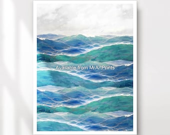 Seascape Waves Art Print, Blue Ocean Painting, Coastal Wall Decor