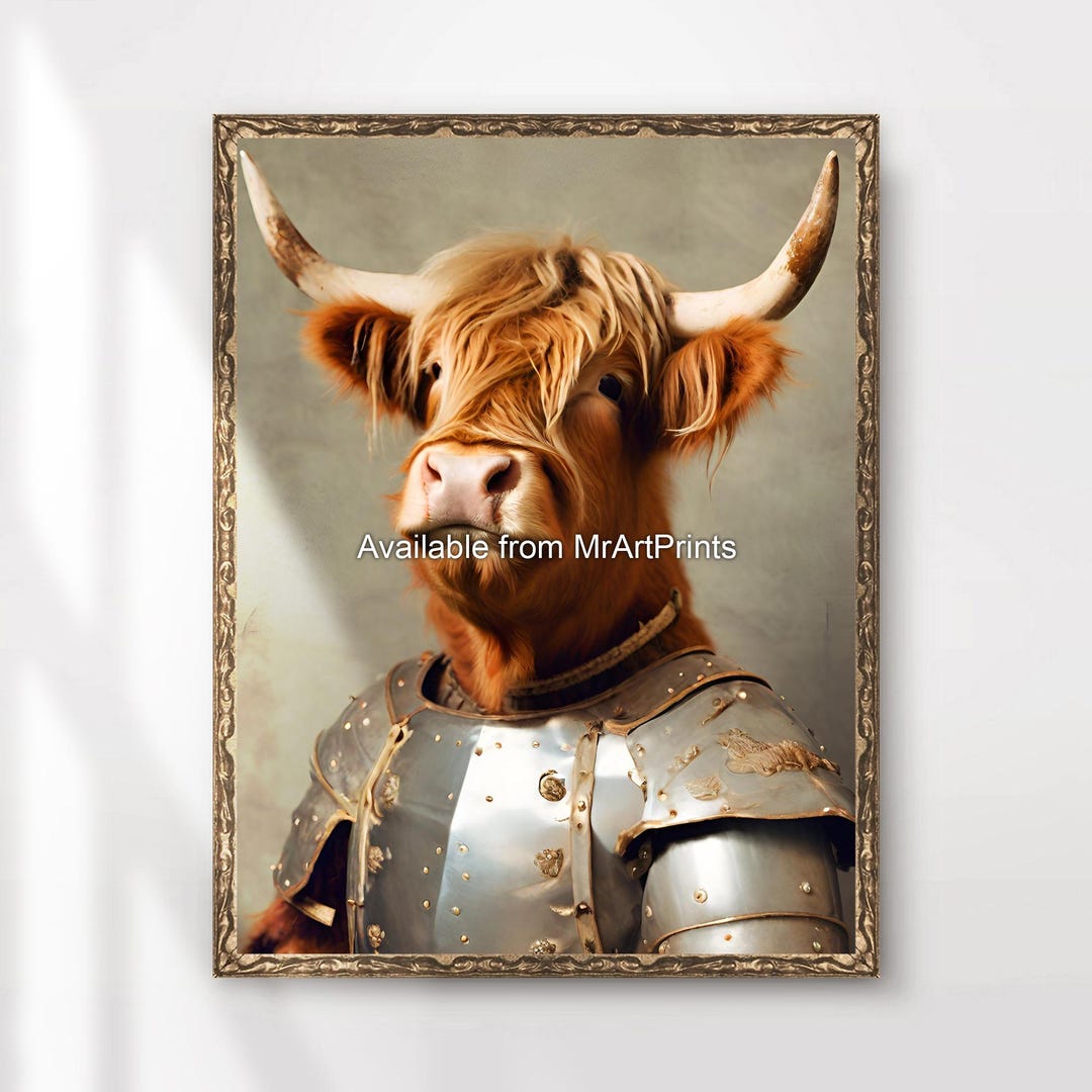Medieval Knight Highland Cow Art Print Poster Wall Picture Funny Quirky ...