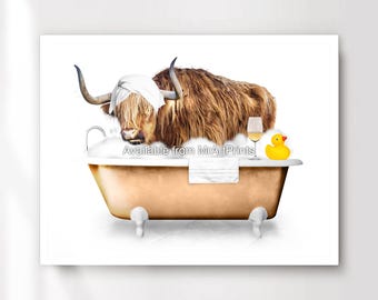 Highland Cow Bubble Bath Art Print – Funny Bathroom Animal Poster
