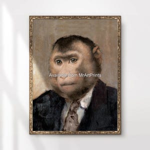 May include: A portrait painting of a monkey wearing a suit and tie. The monkey has a serious expression on its face. The painting is framed in a gold frame.