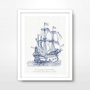Blue Ship NAUTICAL ART PRINT Seaside Illustration Picture Wall Poster Sea Ocean Home Decor Interior Design A4 A3 A2 8x10 12x16 16x20 inch