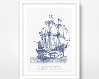 Blue Ship Art Print, Nautical Seaside Illustration