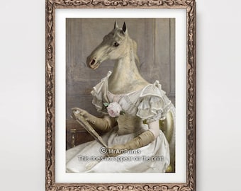 MARE Caballo Pintura Retrato ARTE IMPRESIÓN Animal vestido como una persona Personas Imagen peculiar Cabeza Cuerpo en ropa Equitación divertida Ecuestre
