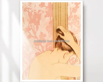 Lámina decorativa vintage rosa para baño: Mujer lavándose el pelo, estilo victoriano.