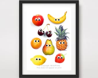 Cute Kitchen Fruit Different Fruits Type Chart ART PRINT Poster Dining Room Wall Picture Bright Colourful Colorful Home Decor A4 A3 A2