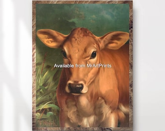 Vintage Cow Painting Art Print, Rustic Farmhouse Decor