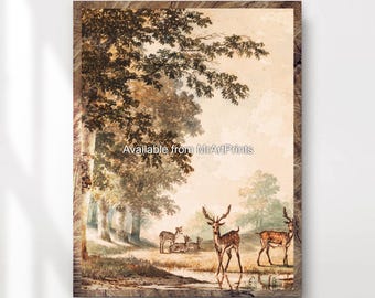 Lámina artística de ciervo: Ilustración tradicional de la fauna del bosque.