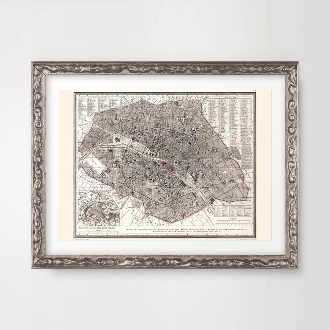 PARIS Parisian City Map Chart ART PRINT Vintage Antique Historical ...
