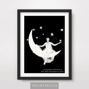 Crescent MOON Victorian Lady Sitting Black and White ART PRINT Celestial Outer Space Lunar Poster Wall Picture Home Decor A4 A3 A2 10 Sizes