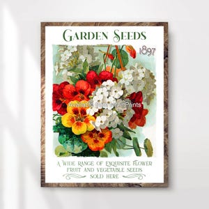 Vintage bloemzaad reclamekunstdruk: antiek bloemendecor