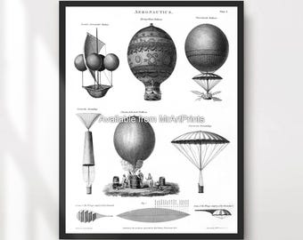Steampunk Airship Chart Art Print, Vintage Black and White Illustration
