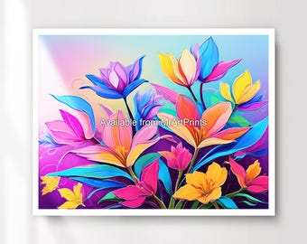Rainbow Floral Painting Art Print, Vibrant Flowers Poster