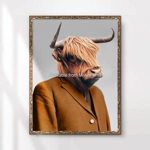 Highland Cow Funny Quirky Portrait Art Print Poster Wall Picture Animal Dressed Up in Clothes as People Vintage A4 A3 A2 A1 PRINTED ANY SIZE