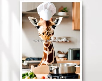 Lámina artística de jirafa chef divertida: adorable decoración de animales para la cocina.