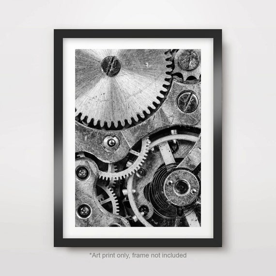 INDUSTRIAL Mechanical Gears Cogs Black and White ART PRINT