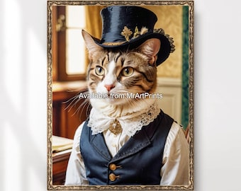 Peut inclure: Un chat tabby portant un chapeau haut de forme noir avec une garniture dorée et un col en dentelle blanche. Le chat porte un gilet bleu avec des boutons dorés et une chemise blanche. Le chat est assis sur une chaise avec un cadre doré.