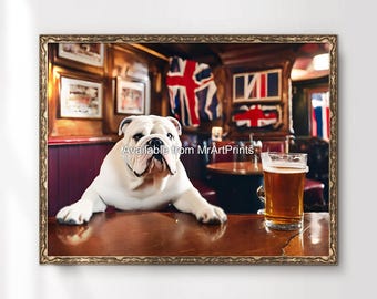 Funny Bulldog British Pub Art Print, Animal Drinking Beer Poster