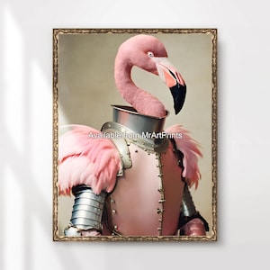 Medieval Knight Pink Flamingo Art Print Poster Wall Picture Funny Quirky Animal Portrait A4 A3 A2 A1 Small Big Extra Large PRINTED ANY SIZE