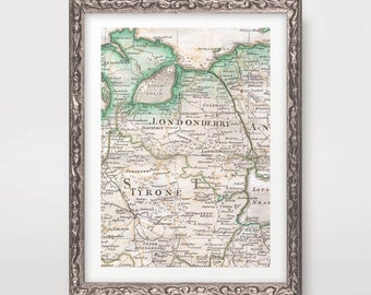 LONDONDERRY Derry Northern Ireland Map ART PRINT Vintage Antique Irish County Wall Picture Poster Home Decor A4 A3 A2 (10 Sizes)