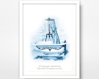 Vintage Bath Illustration Blue BATHROOM ART PRINT Poster Wall Picture Home Decor Artwork A4 A3 A2 (10 Sizes)