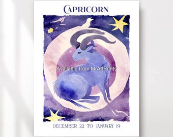 Capricorn Zodiac Art Print, Mystical Star Sign Wall Decor