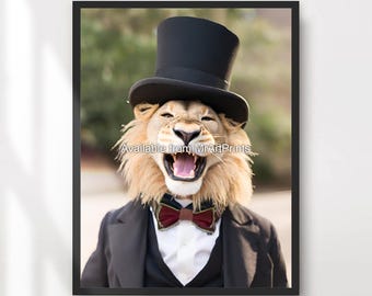 シルクハットをかぶったライオンのアートプリント、面白い動物の肖像画