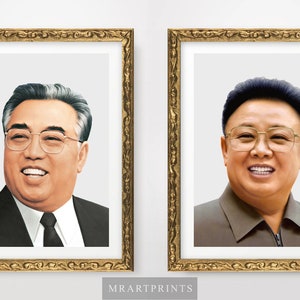 May include: Two framed portraits of men with similar hairstyles and expressions. Both men are wearing glasses and have a light complexion. The man on the left is wearing a dark suit and tie. The man on the right is wearing a brown shirt. The portraits are set against a white background.