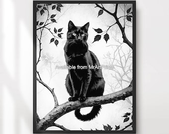 Black Cat Art Print | Gothic Pet Portrait Home Decor