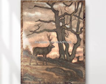 Impressão artística de pintura de veado: decoração de parede tradicional com tema de vida selvagem.