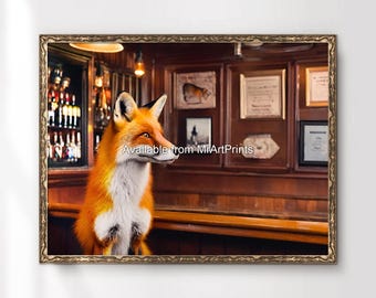 Fox Drinking Beer Art Print, Funny British Pub Decor
