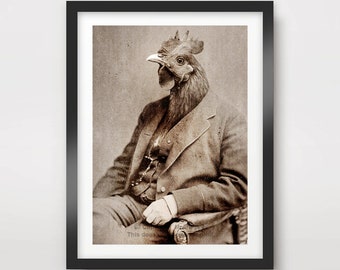 CHICKEN Quirky Portrait ART PRINT Poster Wall Picture Animal Head Human Body Funny Vintage Victorian Unusual Home Decor A4 A3 A2 (10 Sizes)