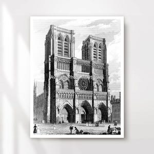 Notre Dame Black White Art Print Poster Wall Picture Illustration Paris Vintage Decor A4 A3 A2 A1 Small Extra Large PRINTED ANY SIZE